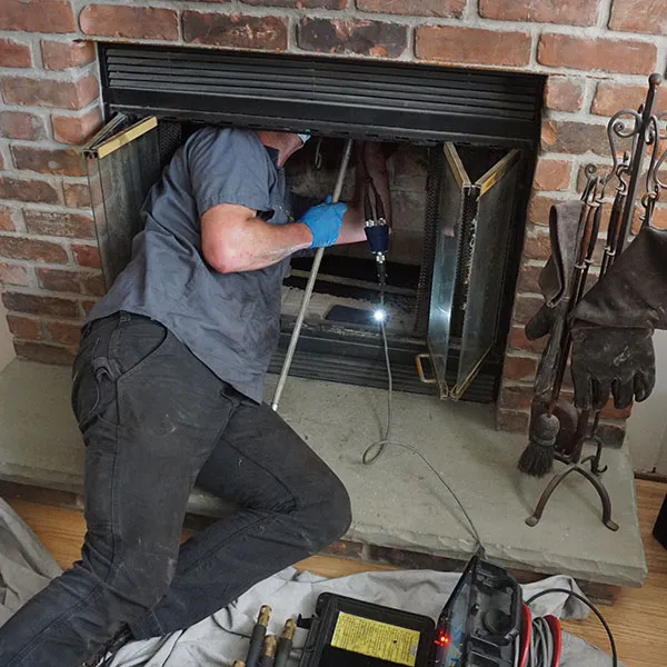 Davinci Home Improvements technician running a camera inspection down a fireplace flue in Cumming, GA