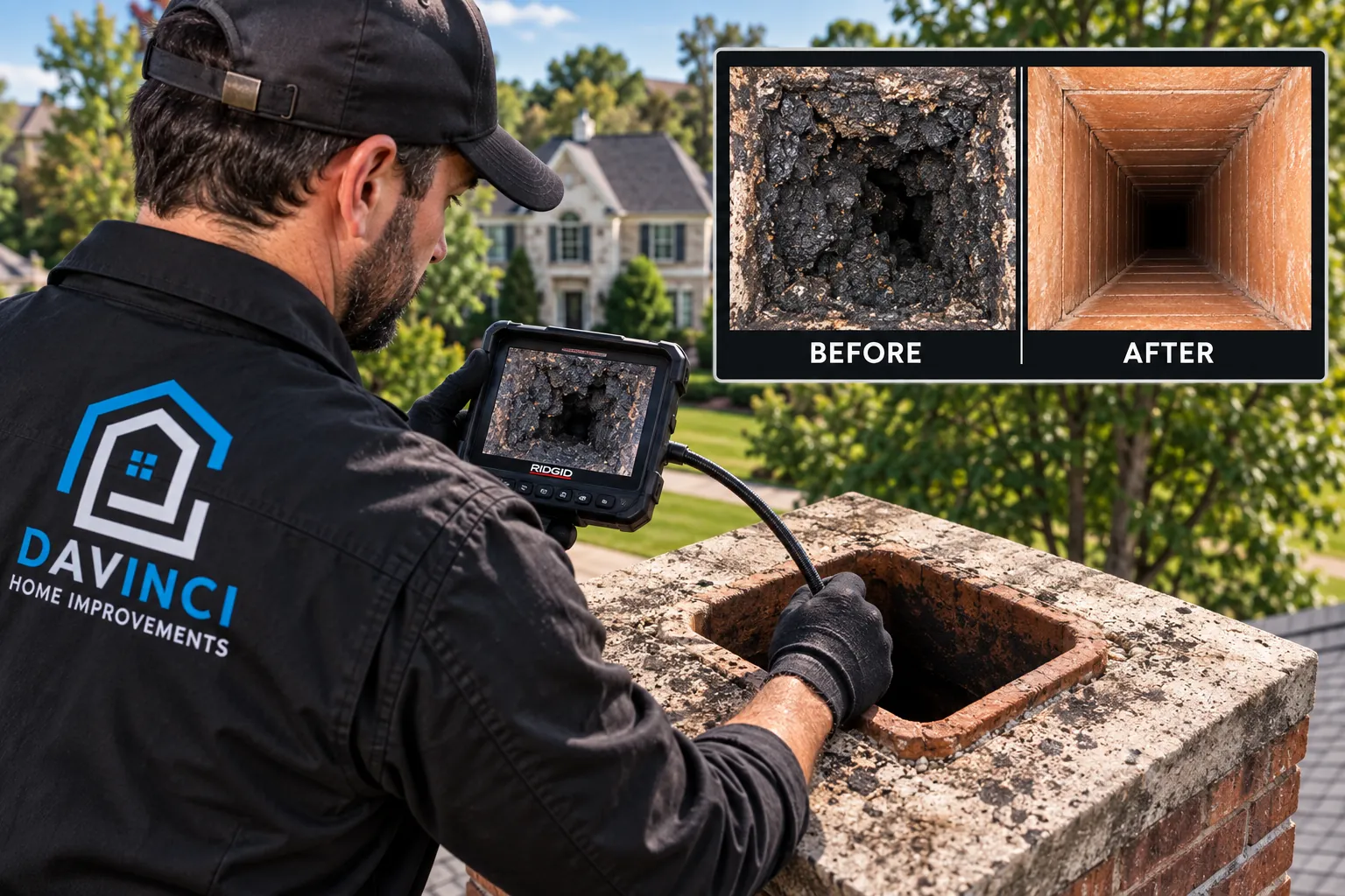 Davinci Home Improvements technician using a camera inspection tool on a chimney in Cumming, GA, with before/after soot removal inset