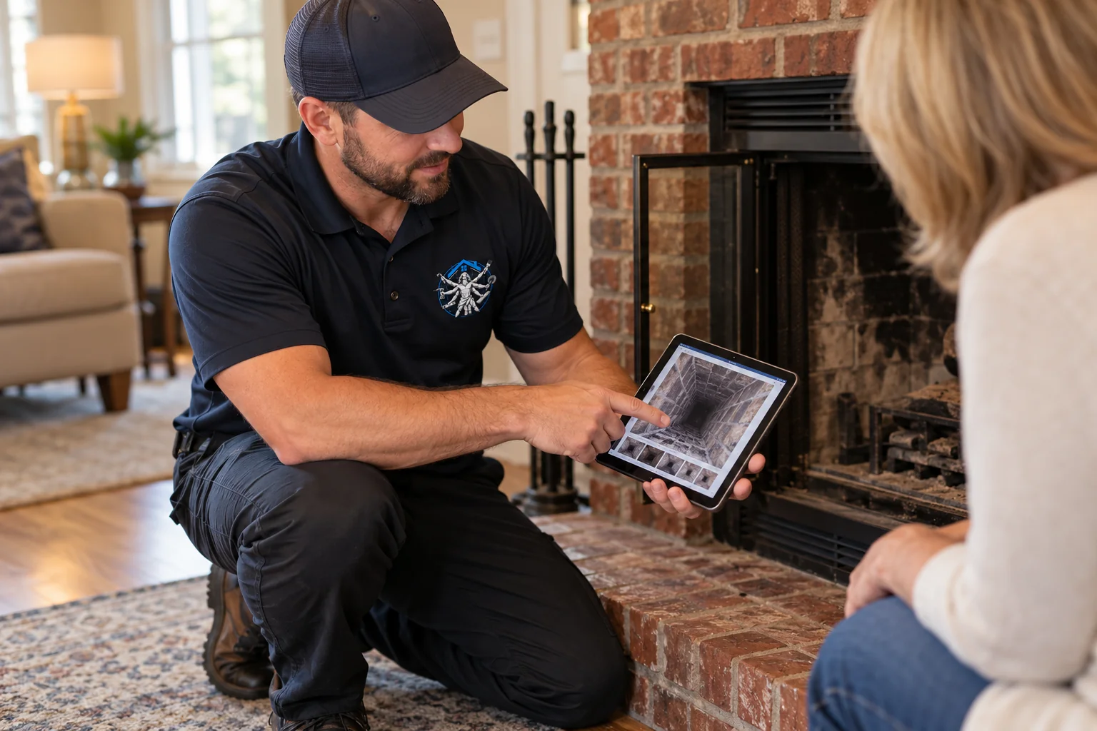 Davinci Home Improvements technician reviewing chimney inspection photos with a homeowner