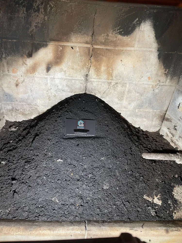 Creosote and soot buildup in a fireplace before cleaning by Davinci Home Improvements