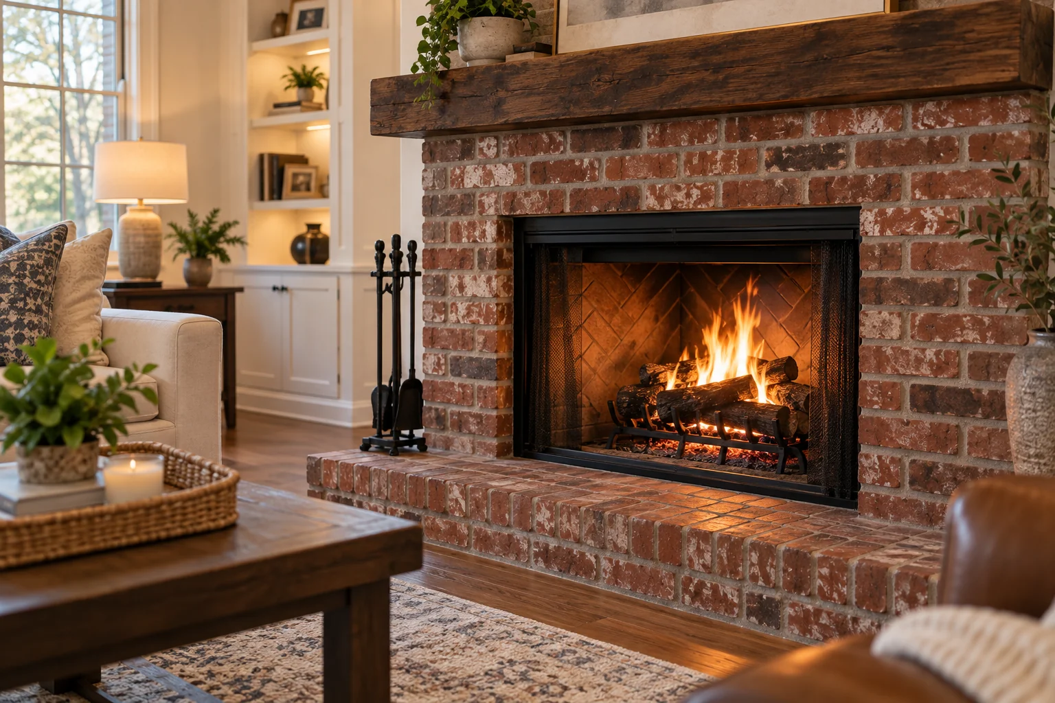 Clean, well-maintained brick fireplace with a wood fire burning