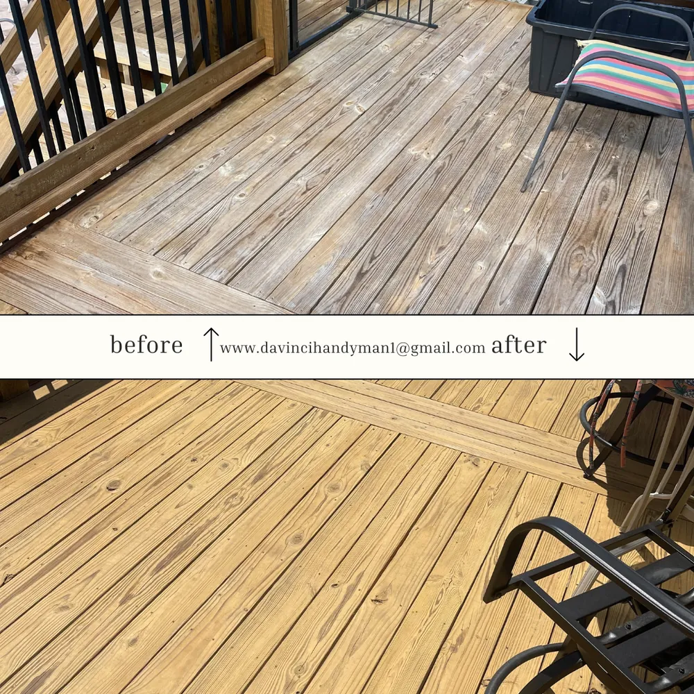Before and after photo of a deck cleaned and restored by Davinci Home Improvements