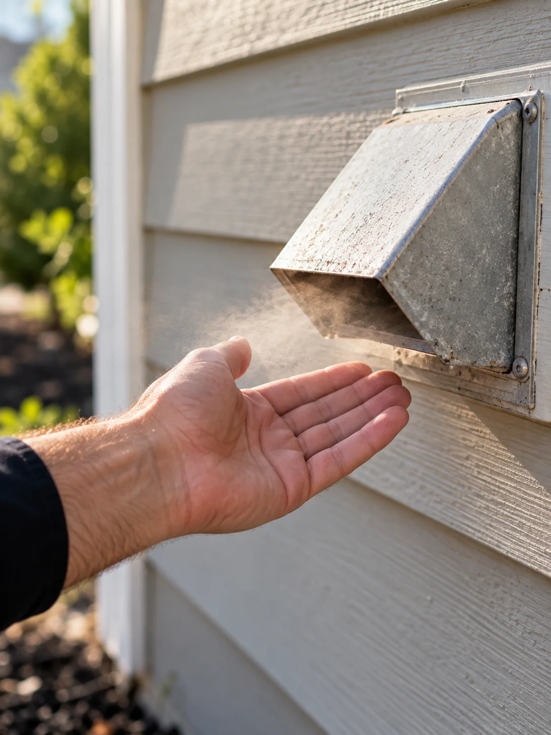 Checking for warm air coming from a home dryer vent cap on the exterior wall