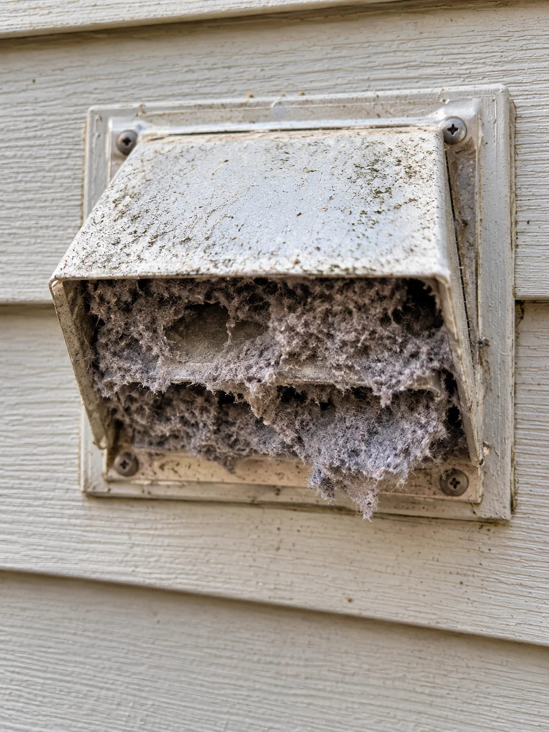 Exterior dryer vent cap caked with lint and dust, overdue for cleaning