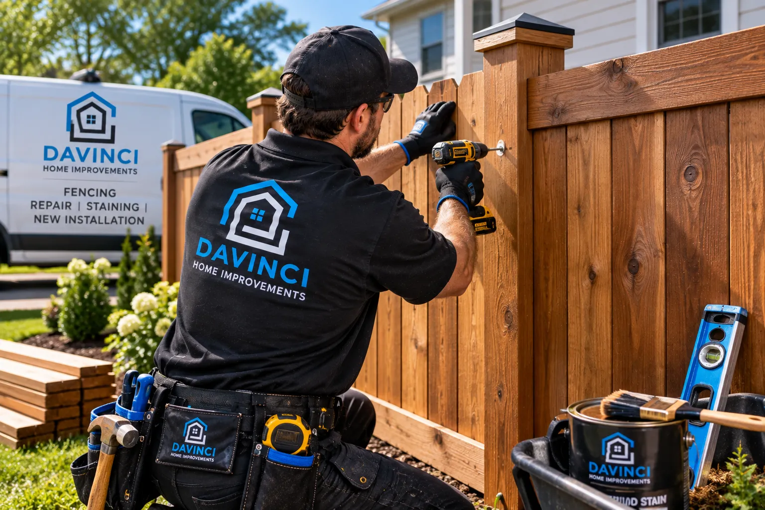 Davinci Home Improvements technician staining a wood fence in Cumming, GA