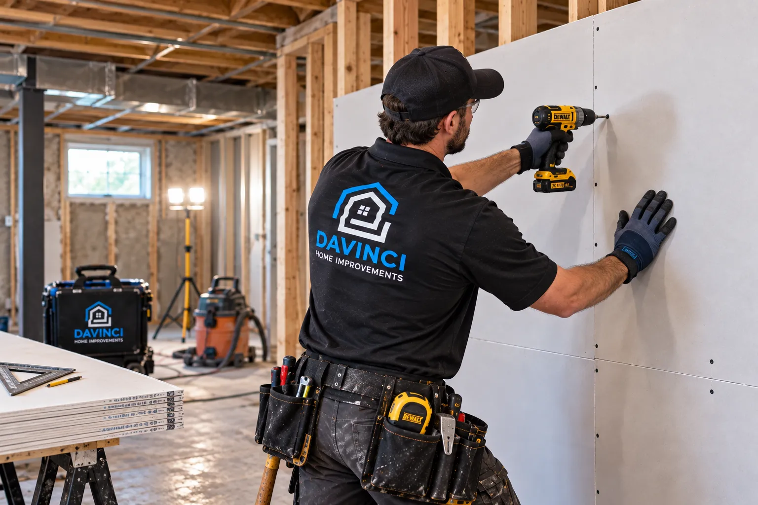 Davinci Home Improvements technician hanging and repairing drywall on a job in Cumming, GA