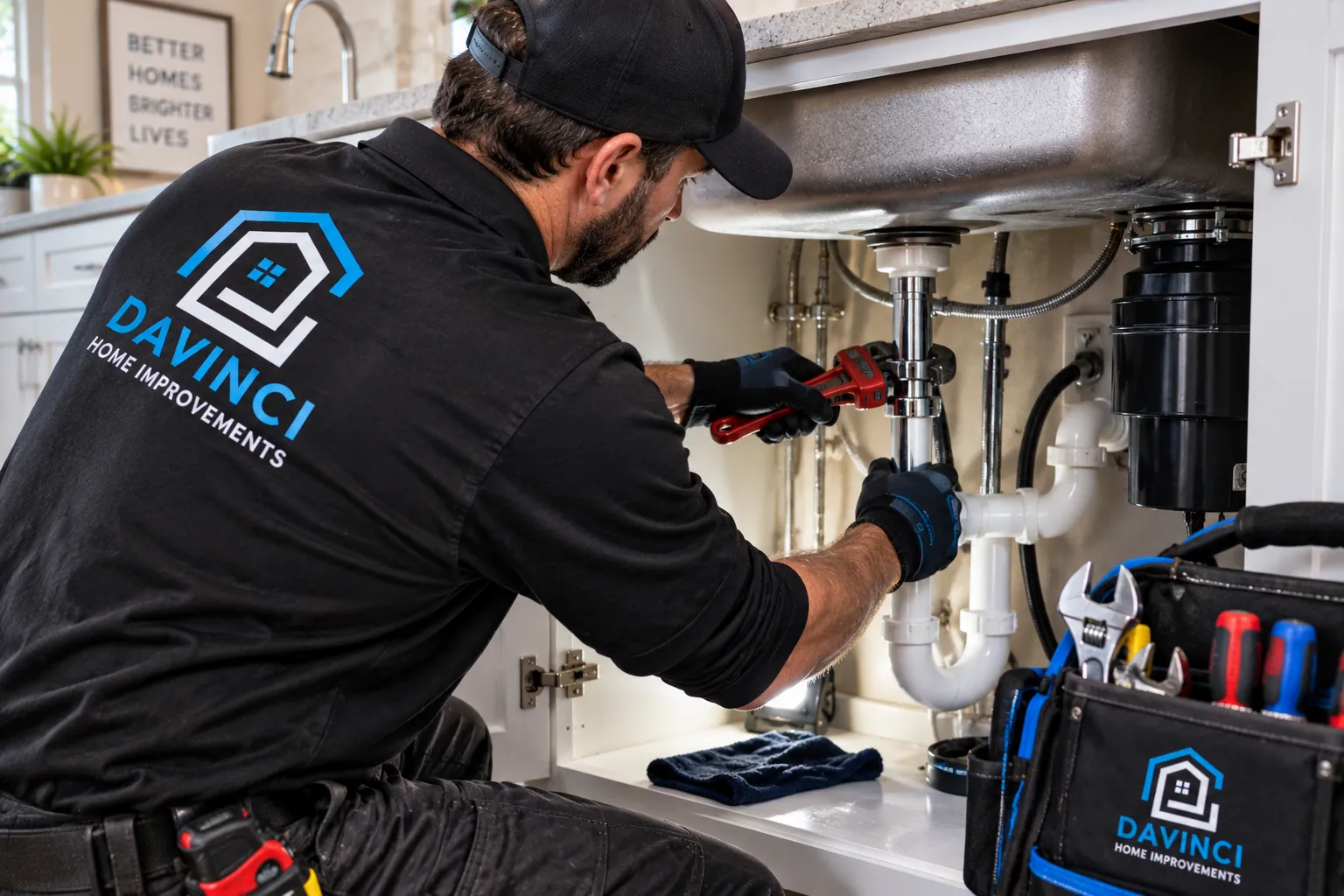 Plumbing repair under a kitchen sink by Davinci Home Improvements