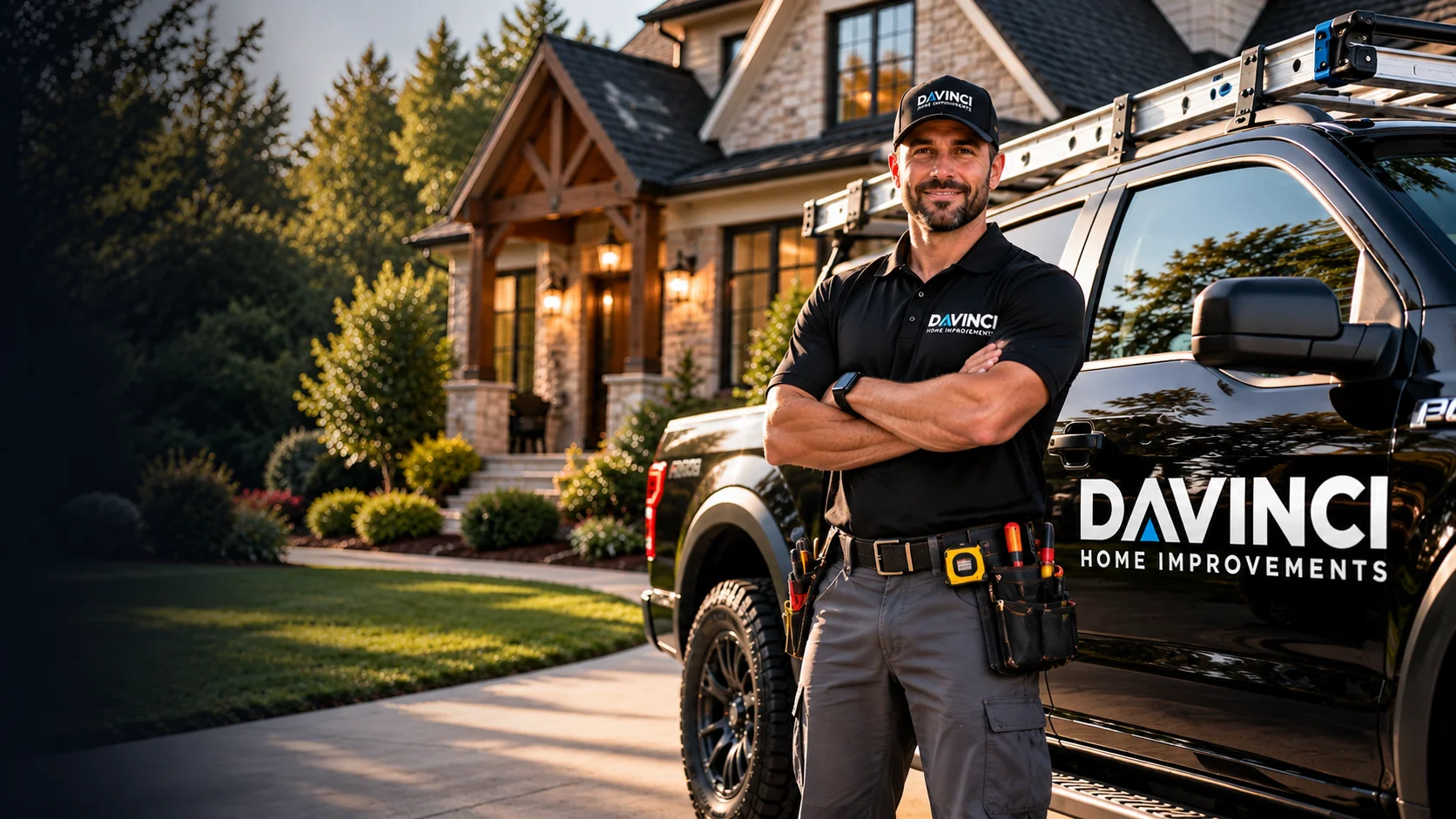 Davinci Home Improvements technician in uniform standing in front of the company work truck outside a Cumming, GA home